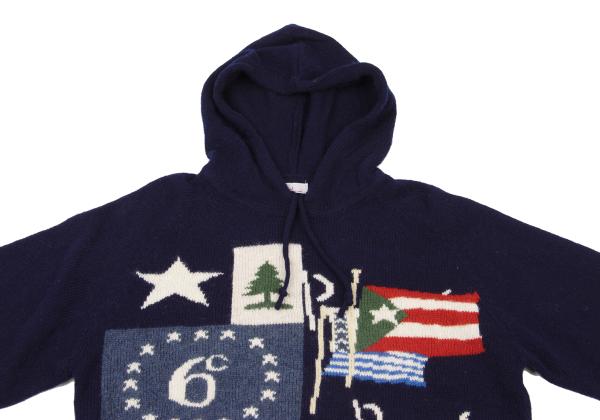 Papas Flag Intarsia Wool Knit Hoodie Blue Size M
