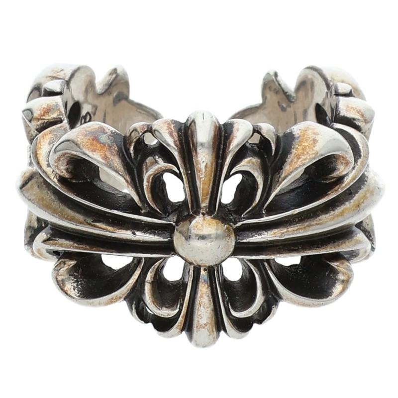 Chrome Hearts Double Floral Cross Silver Ring Size US 10.5