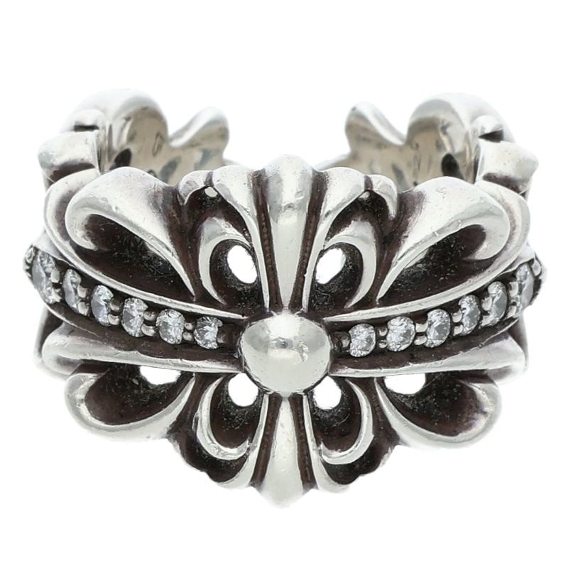 Chrome Hearts Double Floral Cross Pave Ring Silver Size 7.5