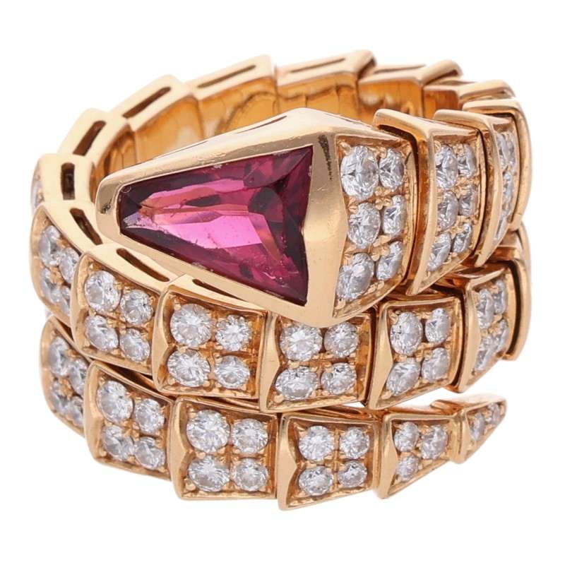BVLGARI Serpenti Viper Pave Diamond Double Gold Ring Size L