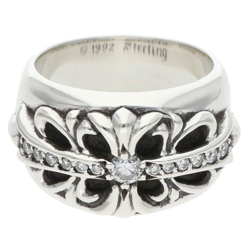 Chrome Hearts FLRL CRS Pave Diamond Silver Ring Size 14.5