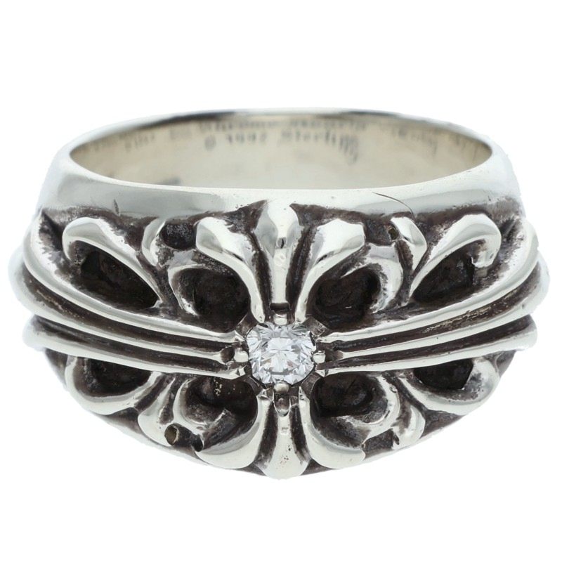 Chrome Hearts Floral Cross 1 Diamond Silver Ring Size 17.5