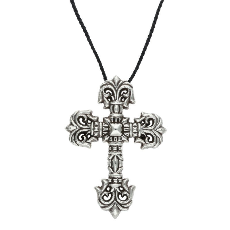 Chrome Hearts Large Filigree Cross Leather Braid Necklace