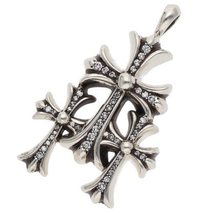 Chrome Hearts Triple CH Cross Pave Diamond Silver Necklace