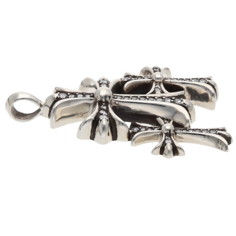 Chrome Hearts Triple CH Cross Pave Diamond Silver Necklace