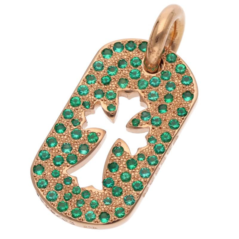 Chrome Hearts 22K Small Dog Tag Emerald Pave Necklace Top