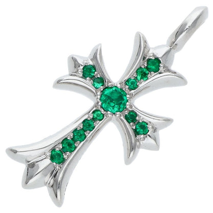 Chrome Hearts 18K Pave Emerald Tiny Fat Cross Necklace Top
