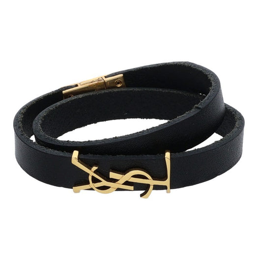Saint Laurent Paris Logo Leather Bangle Black x Gold (Gold 16.89g)