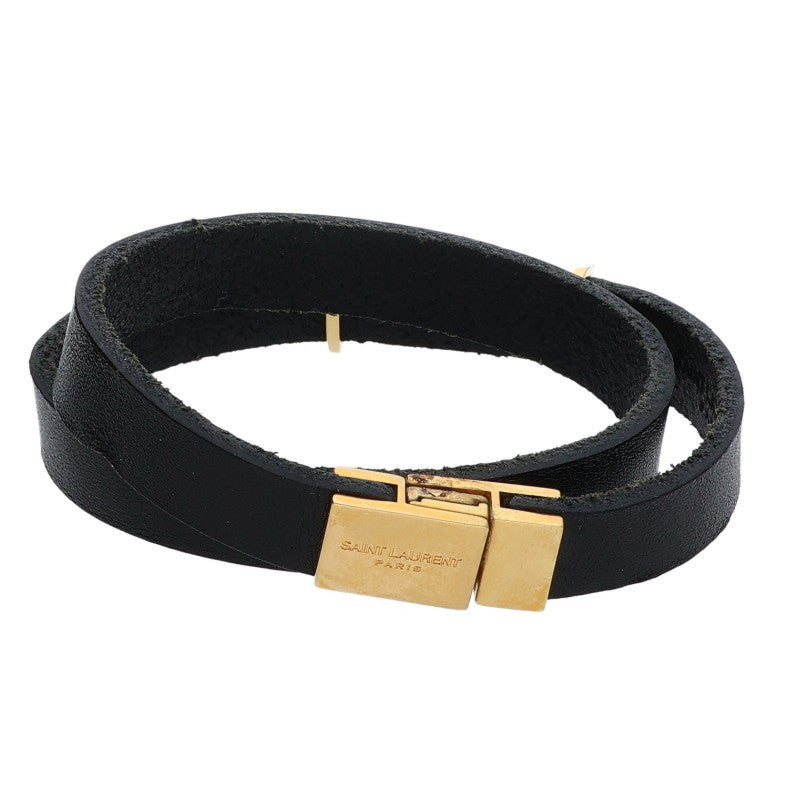 Saint Laurent Paris Logo Leather Bangle Black x Gold (Gold 16.89g)