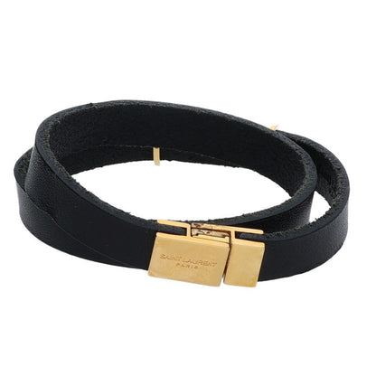 Saint Laurent Paris Logo Leather Bangle Black x Gold (Gold 16.89g)