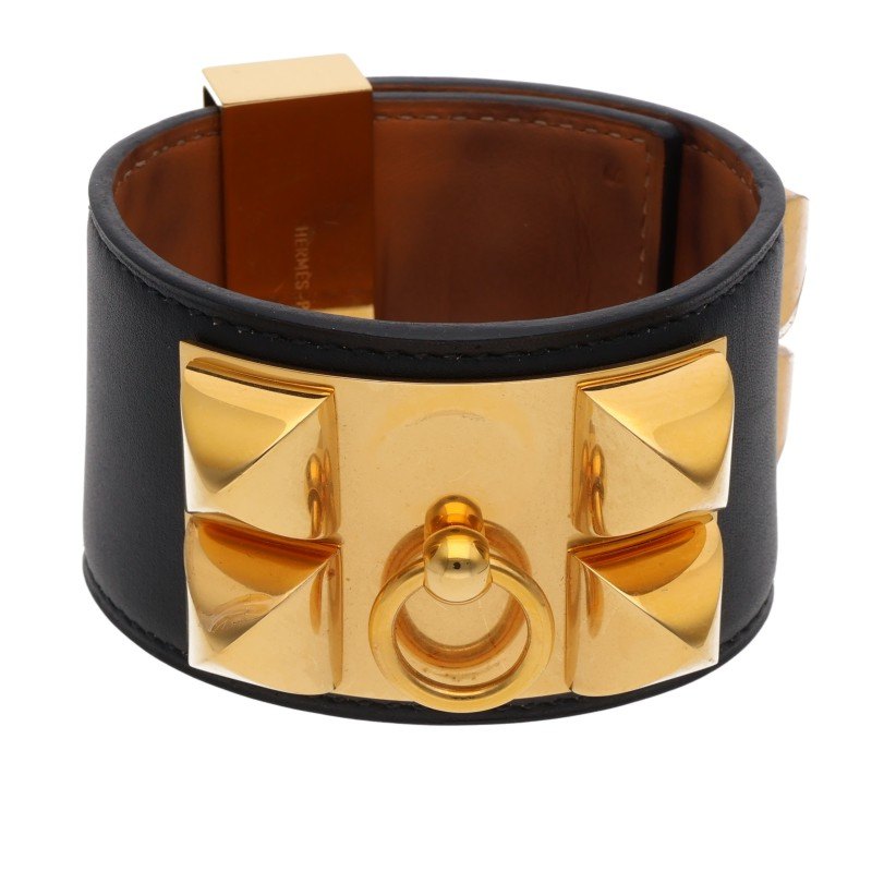 Hermes Collier de Chien Leather Bangle Black Gold Belt Size S