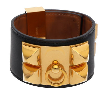 Hermes Collier de Chien Leather Bangle Black Gold Belt Size S