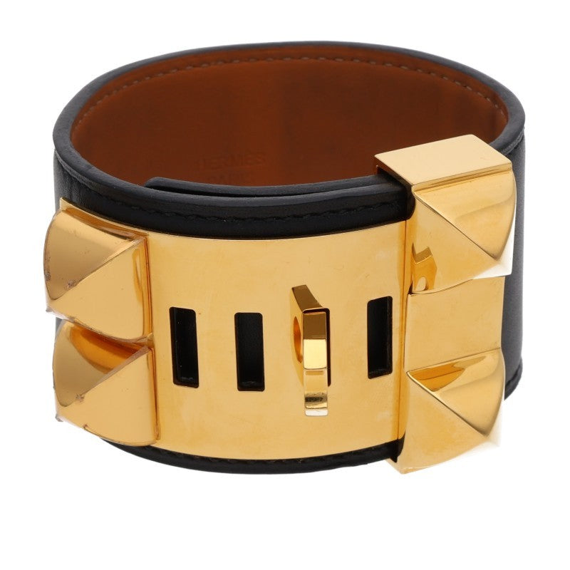 Hermes Collier de Chien Leather Bangle Black Gold Belt Size S