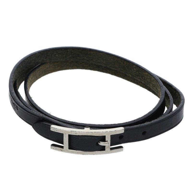 HERMES Api 3 Leather Bracelet Black Silver Size ONE SIZE