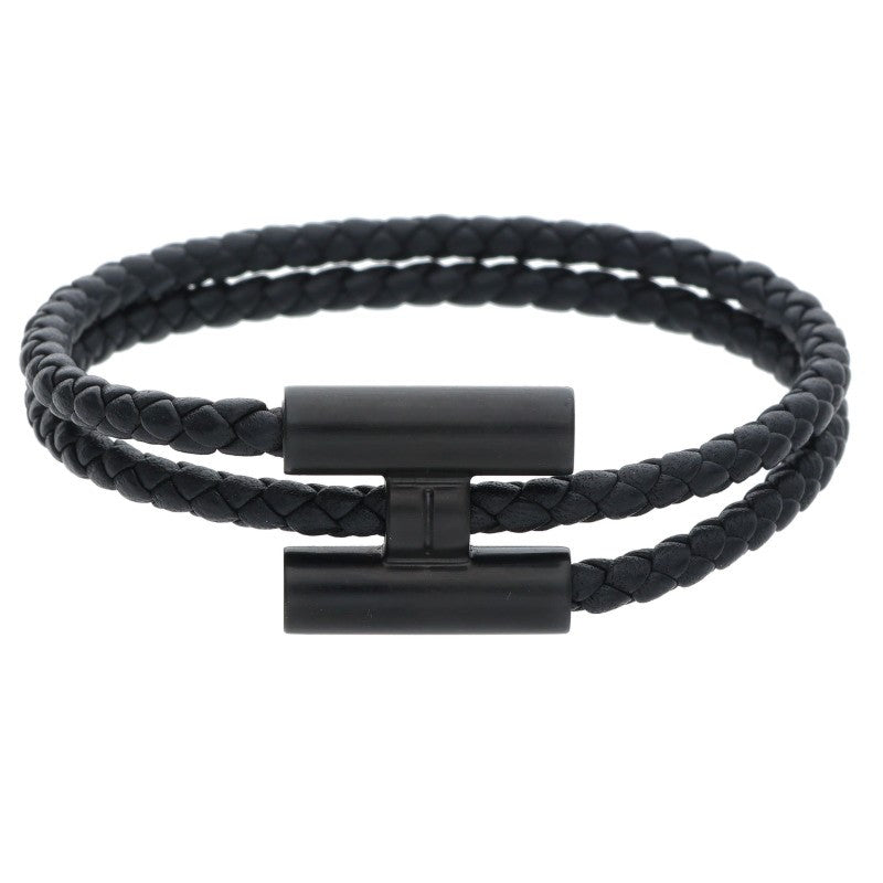 HERMES Tournis Tresse Leather Bracelet Black Size ONE SIZE