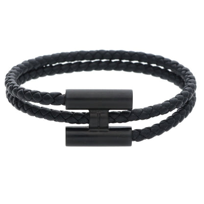 HERMES Tournis Tresse Leather Bracelet Black Size ONE SIZE