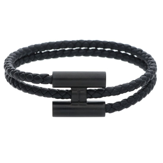 HERMES Tournis Tresse Leather Bracelet Black Size ONE SIZE