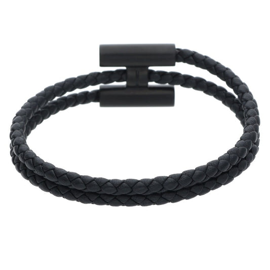 HERMES Tournis Tresse Leather Bracelet Black Size ONE SIZE