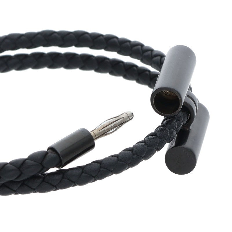 HERMES Tournis Tresse Leather Bracelet Black Size ONE SIZE