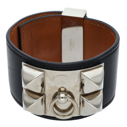 HERMES Collier de Chien Silver Leather Bracelet Size L