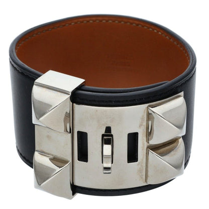 HERMES Collier de Chien Silver Leather Bracelet Size L