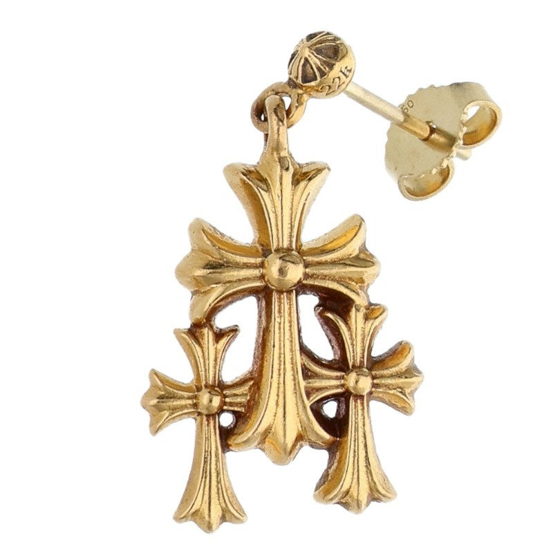 Chrome Hearts 22K Triple CH Cross Drop Gold Earring