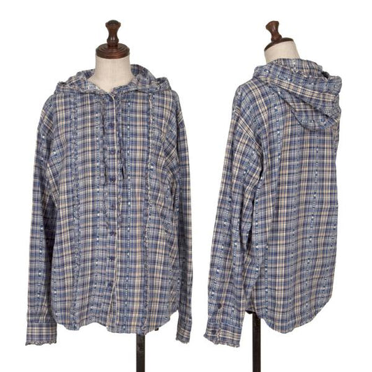 PINK HOUSE Check Logo Tape Frill Hoodie Blue Size L