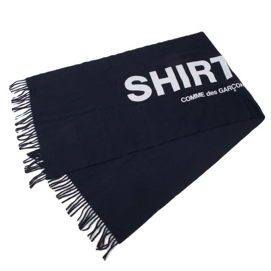 COMME des GARCONS SHIRT Navy Wool Logo Print Fringe Scarf