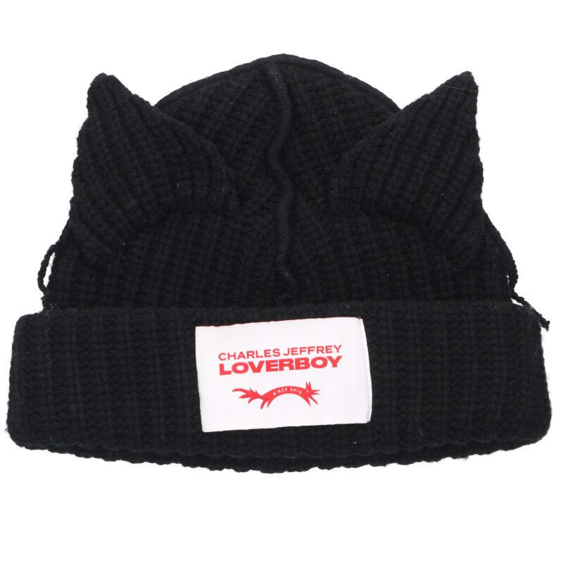 CHARLES JEFFREY LOVERBOY Cat Intarsia Knit Beanie Black