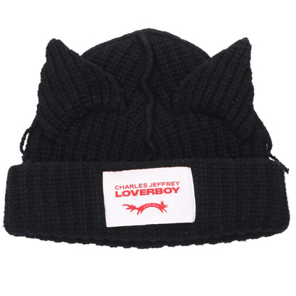 CHARLES JEFFREY LOVERBOY Cat Intarsia Knit Beanie Black