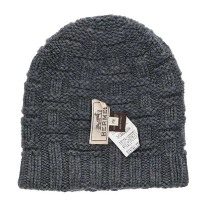 HERMES H-Logo Cashmere Beanie Knit Hat Gray Size ME