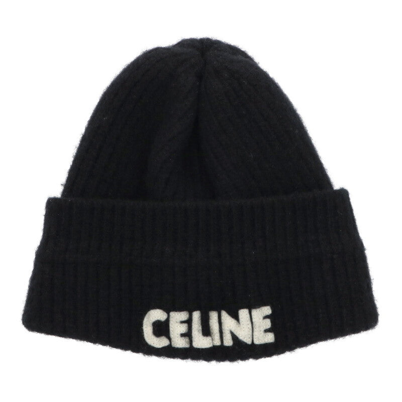 CELINE Wool Logo Patch Knit Beanie Black Size TU