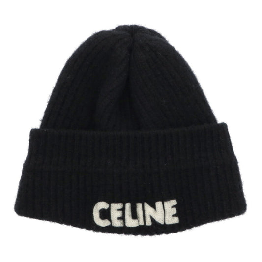 CELINE Wool Logo Patch Knit Beanie Black Size TU