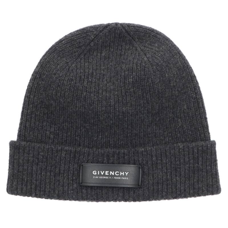 GIVENCHY Logo Patch Wool Cashmere Beanie Gray Size ONE SIZE