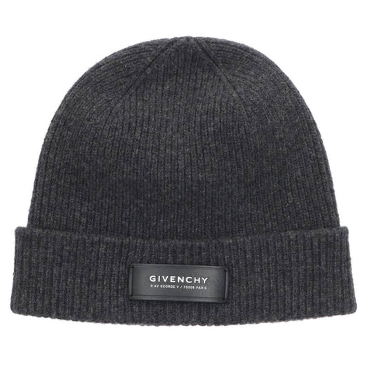 GIVENCHY Logo Patch Wool Cashmere Beanie Gray Size ONE SIZE