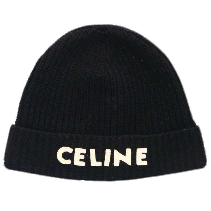 CELINE Logo Embroidered Wool Beanie Black Size TU