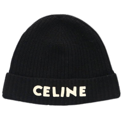 CELINE Logo Embroidered Wool Beanie Black Size TU