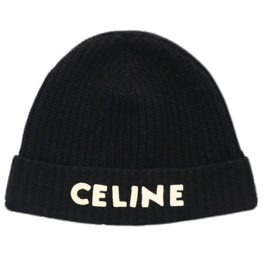 CELINE Logo Embroidered Wool Beanie Black Size TU