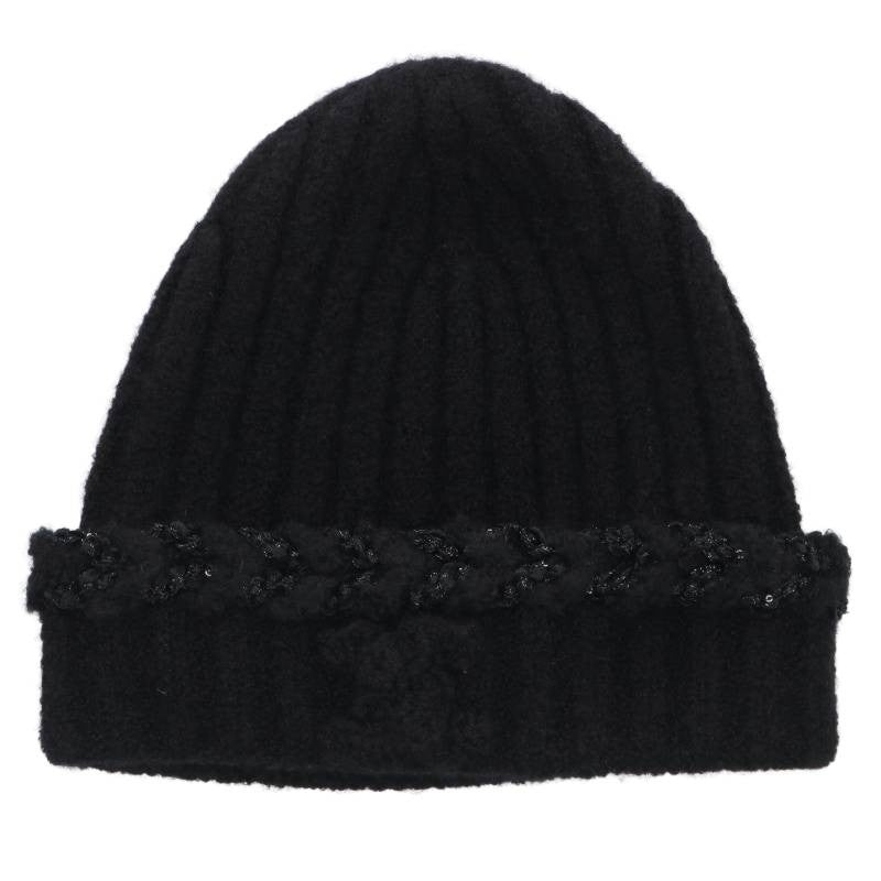 CHANEL Sequin Logo Cashmere Silk Beanie Black Size ONE SIZE