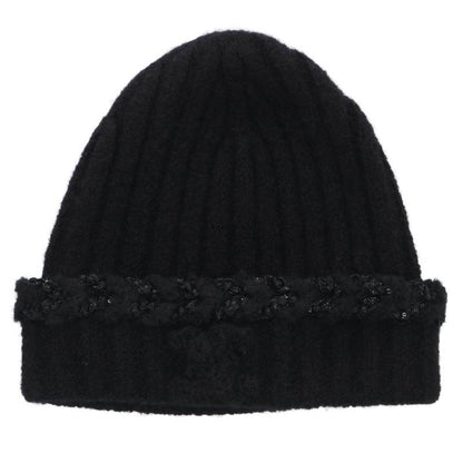 CHANEL Sequin Logo Cashmere Silk Beanie Black Size ONE SIZE