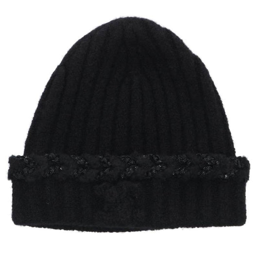 CHANEL Sequin Logo Cashmere Silk Beanie Black Size ONE SIZE