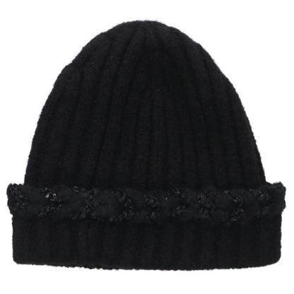 CHANEL Sequin Logo Cashmere Silk Beanie Black Size ONE SIZE