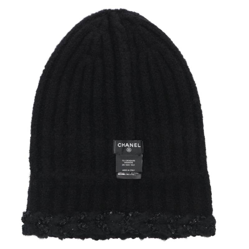 CHANEL Sequin Logo Cashmere Silk Beanie Black Size ONE SIZE