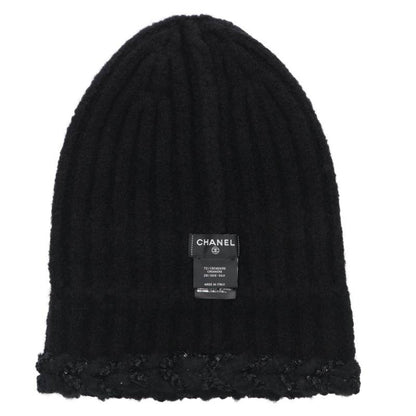 CHANEL Sequin Logo Cashmere Silk Beanie Black Size ONE SIZE
