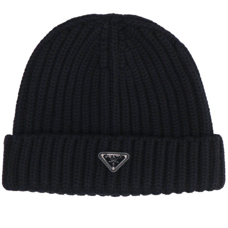 PRADA Triangle Plate Wool Hat Black Silver Size L