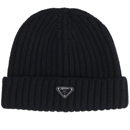 PRADA Triangle Plate Wool Hat Black Silver Size L