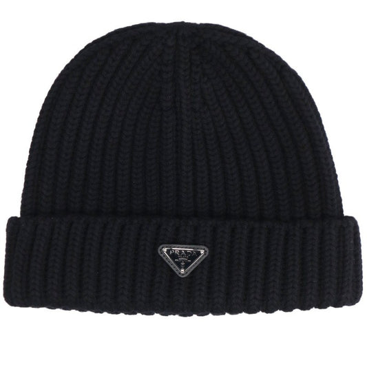 PRADA Triangle Plate Wool Hat Black Silver Size L
