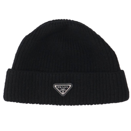 PRADA Triangle Plate Wool Cashmere Beanie Black Size L