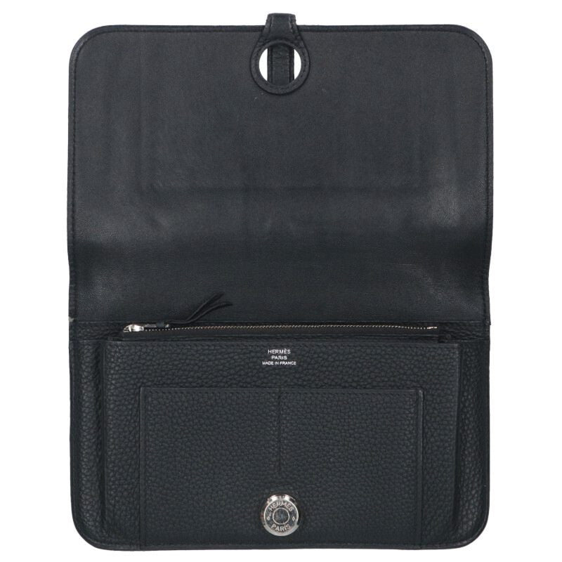 HERMES Dogon Long Togo Black/Silver Wallet Size ONE SIZE
