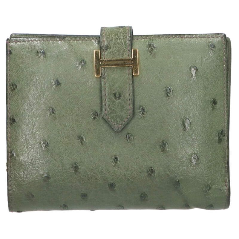 HERMES Bearn Compact Ostrich Green/Gold Wallet Size ONE SIZE